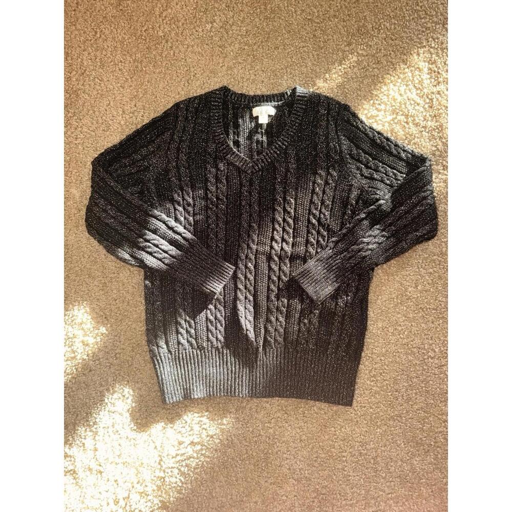 Style & Co Metallic Cable Knit Sweater Womens PM Petite Medium Black Shimmer